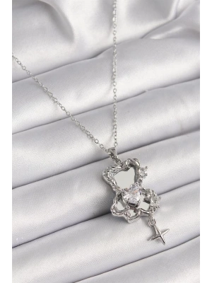 316L Çelik Gümüş Renk Ayna Ayıcık Model Zirkon Taşlı Kalp Detay Kadın Kolye