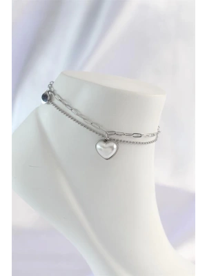 316L Çelik Gümüş Renk Beyaz Kalpli 2li Halhal