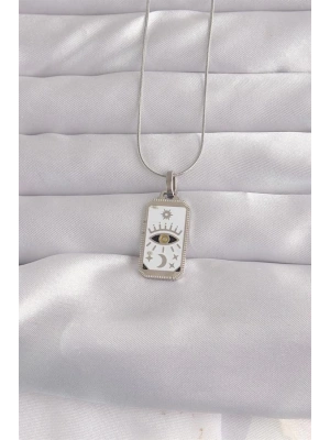 316L Çelik Gümüş Renk Beyaz Mineli Göz Figür Tarot Kolye