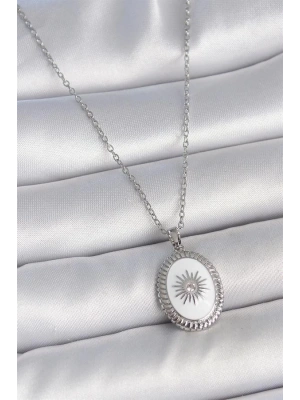 316L Çelik Gümüş Renk Beyaz Mineli Güneş İşlemeli Nazar Boncuk Detay Madalyon Model Kadın Kolye