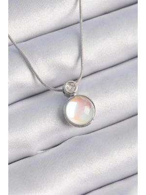 316L Çelik Gümüş Renk Beyaz Sedefli Vintage Model Kadın Kolye