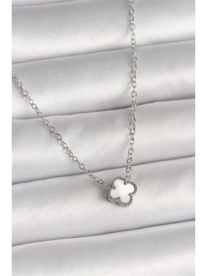 316L Çelik Gümüş Renk Beyaz Yonca Model Kadın Kolye