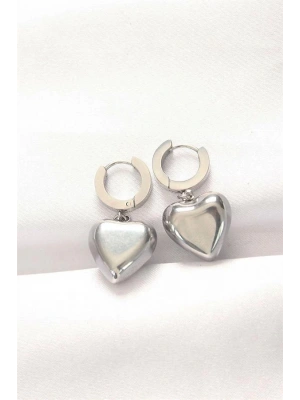 316L Çelik Gümüş Renk Bombeli Kalp Tasarımlı Küpe