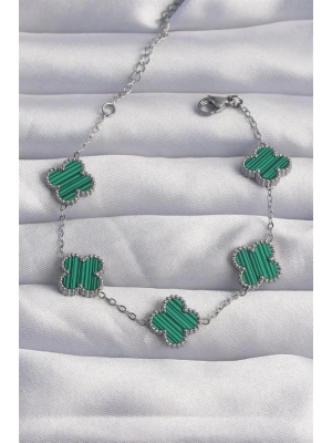 316L Çelik Gümüş Renk Çizgili Yeşil Mineli Yonca Bileklik