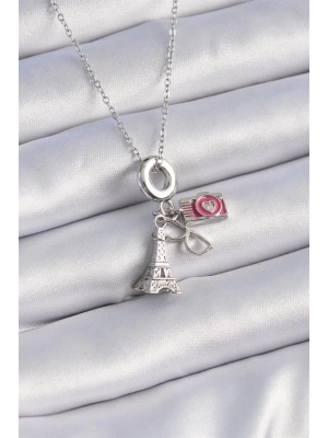 316L Çelik Gümüş Renk Eyfel Kule Fotoğraf Makinesi Model Charm Kadın Kolye