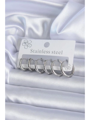 316L Çelik Gümüş Renk Halka Kadın Küpe Seti