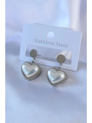 316L Çelik Gümüş Renk İncili Kalp Model Kadın Küpe