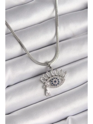 316L Çelik Gümüş Renk İtalyan Zincir Zirkon Taşlı Göz Model Kadın Kolye