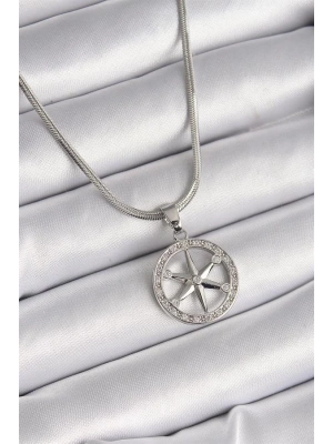 316L Çelik Gümüş Renk İtalyan Zincir Zirkon Taşlı Kutup Yıldız Model Kadın Kolye