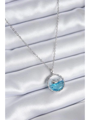 316L Çelik Gümüş Renk Mavi Kristal Taşlı Balina Model Kadın Kolye