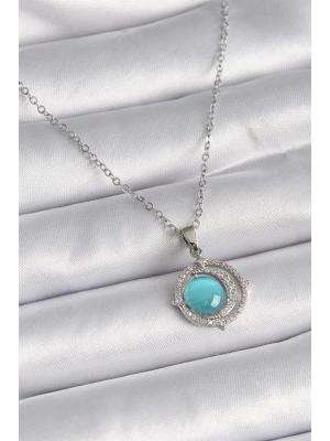 316L Çelik Gümüş Renk Mavi Sedefli Hilal Model Kadın Kolye