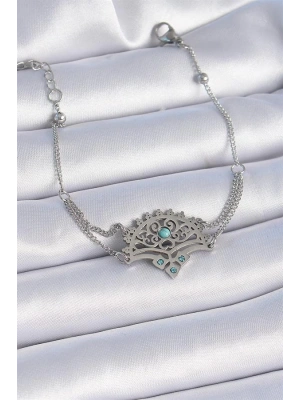 316L Çelik Gümüş Renk Mavi Taşlı Etnik Desen Kadın Bileklik