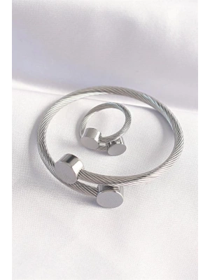 316L Çelik Gümüş Renk Oval Aksesuarlı Burgu Model Bileklik ve Yüzük Kombini