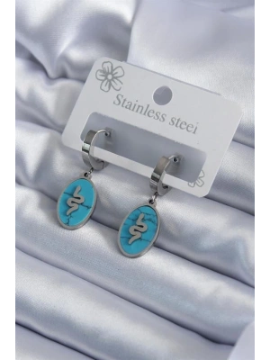 316L Çelik Gümüş Renk Oval Mavi Taşlı Yılan Figür Kadın Küpe