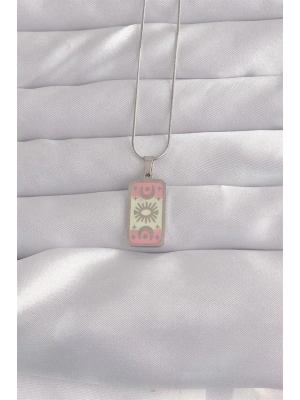 316L Çelik Gümüş Renk Pembe Mineli Ay Figür Tarot Kolye