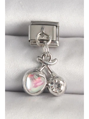316L Çelik Gümüş Renk Pembe Mineli Kalp Zirkon Taş Detay Nomination Charm