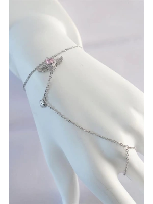 316L Çelik Gümüş Renk Pembe Zirkon Taşlı Kanatlı Kalp Model Şahmeran