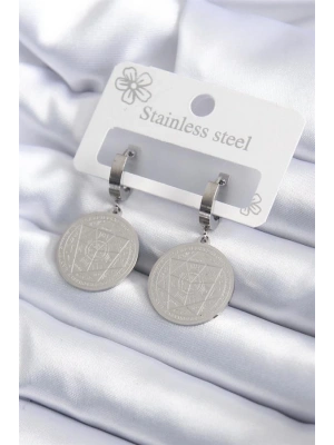 316L Çelik Gümüş Renk Pentagram İşleme Model Kadın Küpe