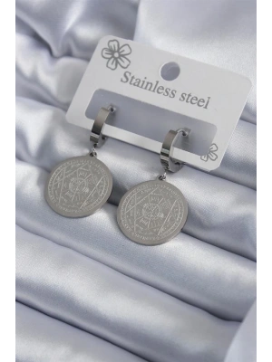 316L Çelik Gümüş Renk Pentagram Yıldızı İşleme Kadın Küpe