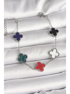 316L Çelik Gümüş Renk Renkli Yonca Model Kadın Bileklik