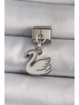 316L Çelik Gümüş Renk Sallantı Beyaz Kuğu Model Nomination Charm