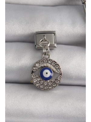 316L Çelik Gümüş Renk Sallantı Zirkon Taşlı Göz Model Nazar Boncuk Detay Nomination Charm