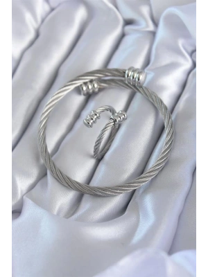 316L Çelik Gümüş Renk Sarmal Model Erkek Bileklik Yüzük Kombini