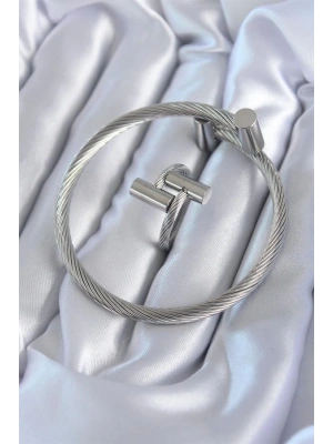 316L Çelik Gümüş Renk Sarmal Model Erkek Bileklik Yüzük Kombini