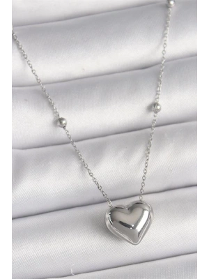 316L Çelik Gümüş Renk Topçuk Detay Zincir Kalp Model Kadın Kolye