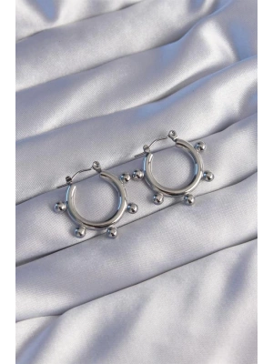 316L Çelik Gümüş Renk Topçuk Tasarımlı Oval Küpe