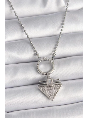 316L Çelik Gümüş Renk Topçuk Zincir Zirkon Taşlı Üçgen Model Kadın Kolye