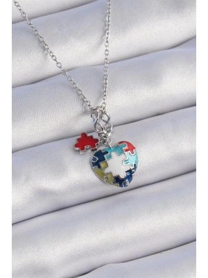 316L Çelik Gümüş Renk Yapboz Motif Kalp Figür Charm Model Kadın Kolye