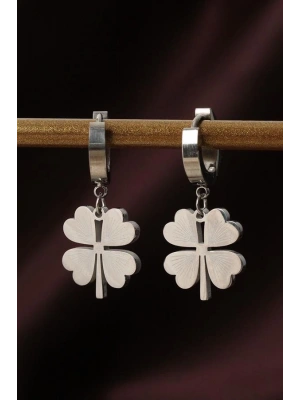 316L Çelik Gümüş Renk Yonca Küpe