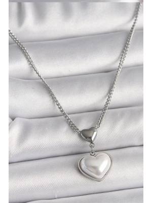316L Çelik Gümüş Renk Zincir 3D Kalp Model Kadın Kolye