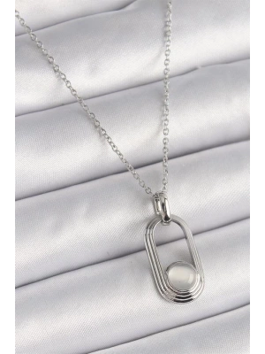 316L Çelik Gümüş Renk Zincir Beyaz Kedi Göz Model Kadın Kolye