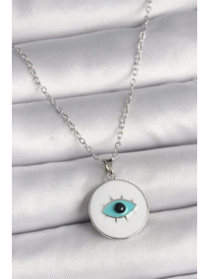 316L Çelik Gümüş Renk Zincir Beyaz Mineli Turkuaz Göz İşleme Model Kadın Kolye