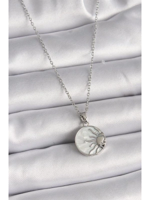 316L Çelik Gümüş Renk Zincir Beyaz Sedefli Gün Batımı Model Kadın Kolye