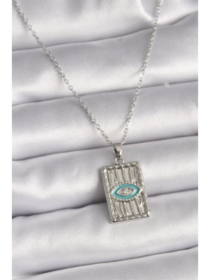 316L Çelik Gümüş Renk Zincir Göz İşlemeli Madalyon Model Kadın Kolye