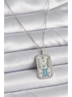 316L Çelik Gümüş Renk Zincir İkizler Burcu Zirkon Taşlı Kadın Kolye