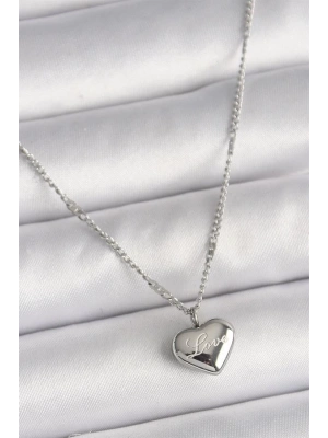 316L Çelik Gümüş Renk Zincir Love İşleme Kalp Figür Kadın Kolye