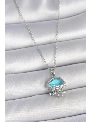 316L Çelik Gümüş Renk Zincir Mavi Taşlı Deniz Anası Model İnci Detay Kadın Kolye
