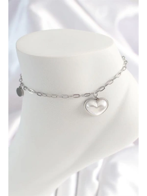 316L Çelik Gümüş Renk Zincir Model 3D Kalp Beyaz Kalp Figür Kadın HalHal