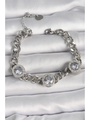 316L Çelik Gümüş Renk Zincir Model Zirkon Taşlı İşleme Detaylı Kadın Bileklik