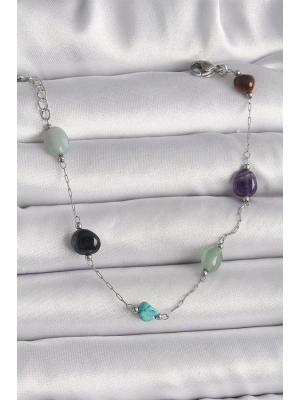 316L Çelik Gümüş Renk Zincir Renkli Doğaltaş Model Kadın Bileklik