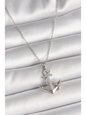 316L Çelik Gümüş Renk Zincir Zirkon Taş Detaylı Çapa Model Kadın Kolye