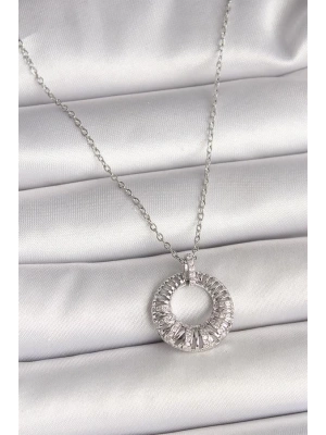316L Çelik Gümüş Renk Zincir Zirkon Taş İşlemeli Daire Model Kadın Kolye