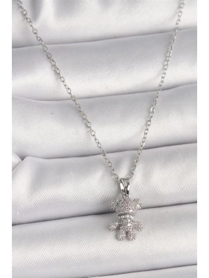 316L Çelik Gümüş Renk Zincir Zirkon Taşlı Ayıcık Figür Kadın Kolye