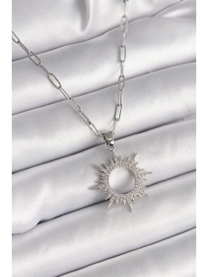 316L Çelik Gümüş Renk Zincir Zirkon Taşlı Güneş Model Kadın Kolye
