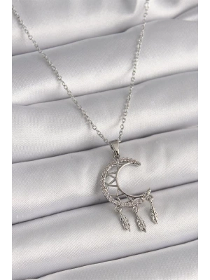 316L Çelik Gümüş Renk Zincir Zirkon Taşlı Hilal Model Sallantı Yaprak Detay Kadın Kolye
