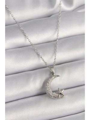316L Çelik Gümüş Renk Zincir Zirkon Taşlı Hilal Model Yıldız Detay Kadın Kolye